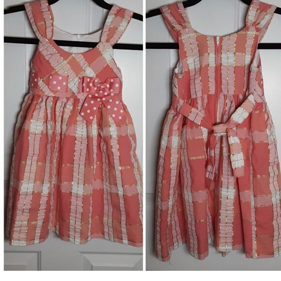 BONNIE JEAN Dress Sleeveless Plaid Polka Dot Sash Bow Pink Peach Size 5 - Picture 2 of 3